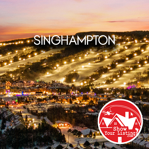 Real estate photography showcasing Singhampton's scenic Mad River, local produce at the Farmer's Market, and stunning drone views in Simcoe County, Ontario.