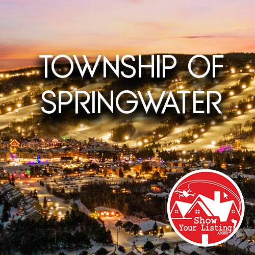 Stunning drone view of Springwater, Ontario showcasing rural-urban charm, ideal for real estate photography and listing media in Simcoe County's picturesque communities.